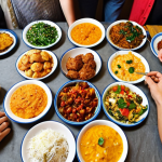 **A vibrant and diverse food exchange event:** Capture the feeling of community and connection at a food swap. Show people of different backgrounds sharing dishes and stories, with a focus on the delicious-looking food. Think warm lighting and a friendly atmosphere, maybe with some Turkish cultural elements subtly included.