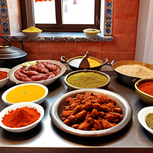 **Image Prompt:** A vibrant Turkish kitchen scene with diverse spices, traditional Anatolian dishes like kebab being prepared, showcasing Turkish hospitality and culinary heritage.