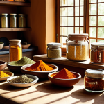 **"A vibrant kitchen scene filled with colorful spices. Jars and bowls overflow with paprika, cumin, turmeric, and fresh herbs. Sunlight streams in, highlighting the textures and creating a warm, inviting atmosphere. Focus on the details and the visual harmony of the spice arrangement."**