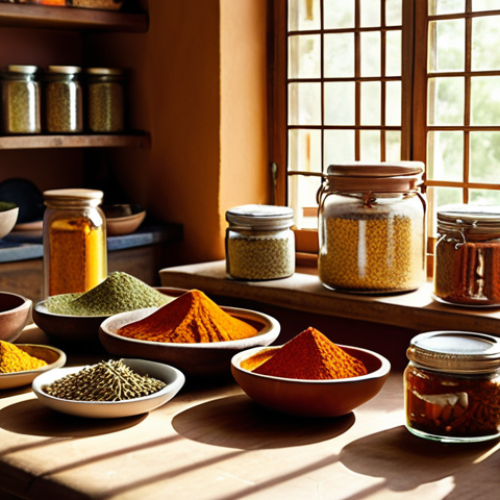 **"A vibrant kitchen scene filled with colorful spices. Jars and bowls overflow with paprika, cumin, turmeric, and fresh herbs. Sunlight streams in, highlighting the textures and creating a warm, inviting atmosphere. Focus on the details and the visual harmony of the spice arrangement."**